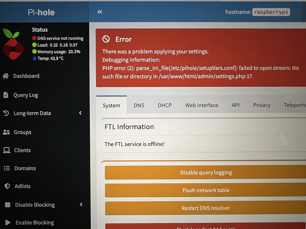 Pi-hole suddenly stops working. DNS service not running - Community ...